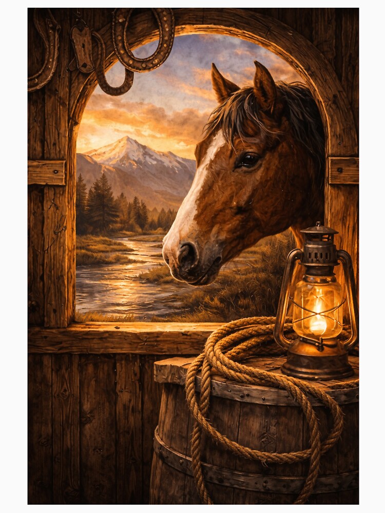 Rustic Horse Window View – Cozy Western Cabin Scene by QuarterHorseArt