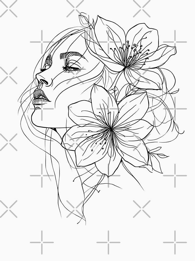 Minimal Line Art Woman with Floral Elements, Abstract Botanical Portrait by Moodune