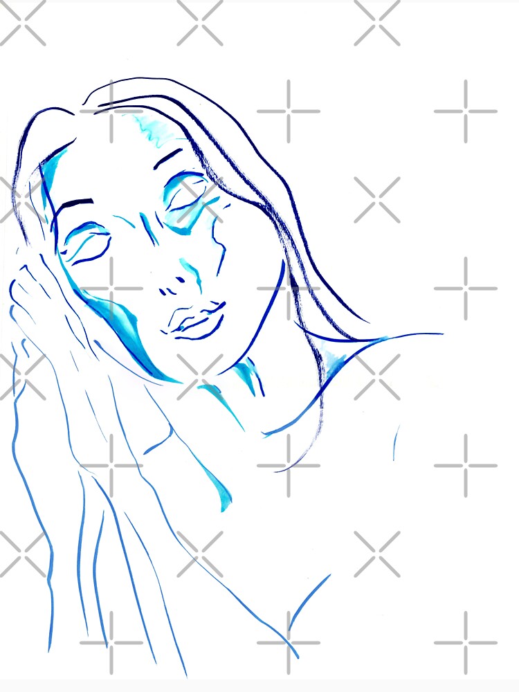 Woman's Face in Blue — Gestural Ink Portrait Drawing by essentialink