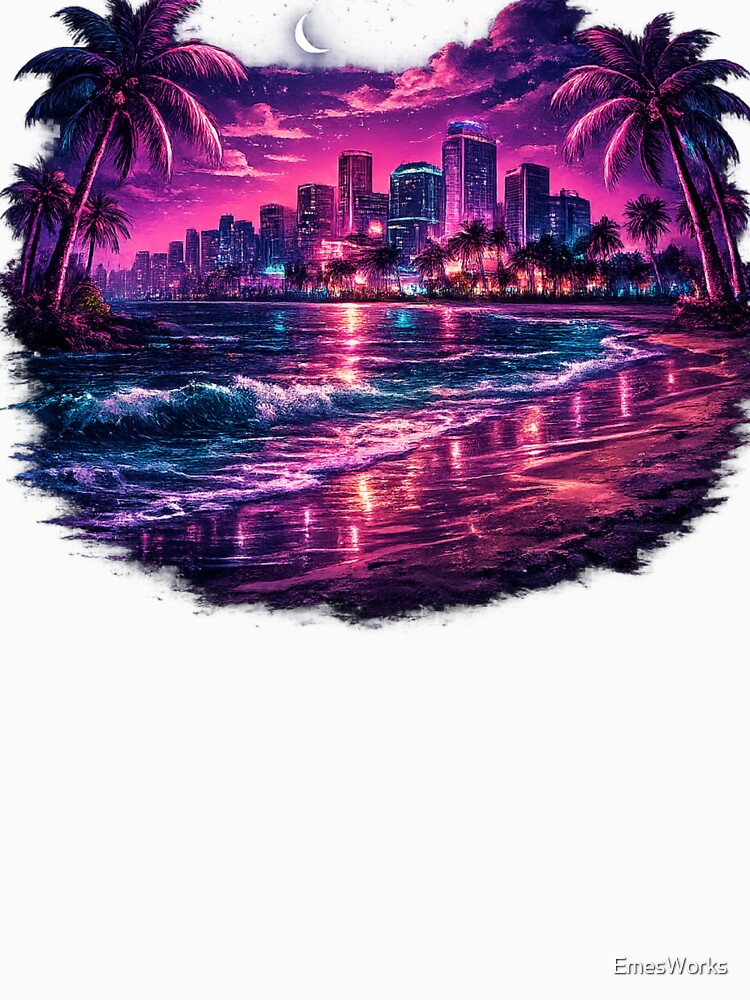 Neon Miami Nights Retro Synthwave Beach Cityscape by EmesWorks Unisex , , , Long Sleeve Tee