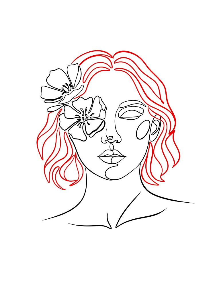 Floral Line Art Woman — Minimalist Red Accent Portrait by Sunshine2504
