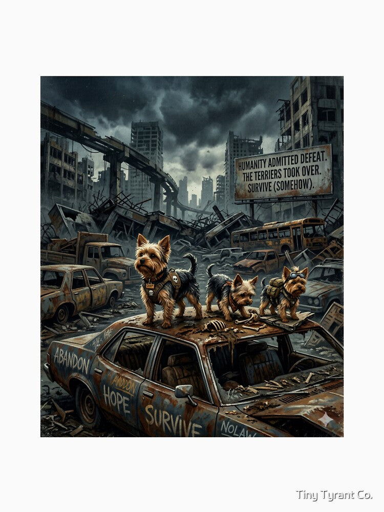 Apocalypse Yorkie Survivors Shirt – Dark Humor Dog Tee by Tiny Tyrant Co. Unisex , , , Long Sleeve Tee
