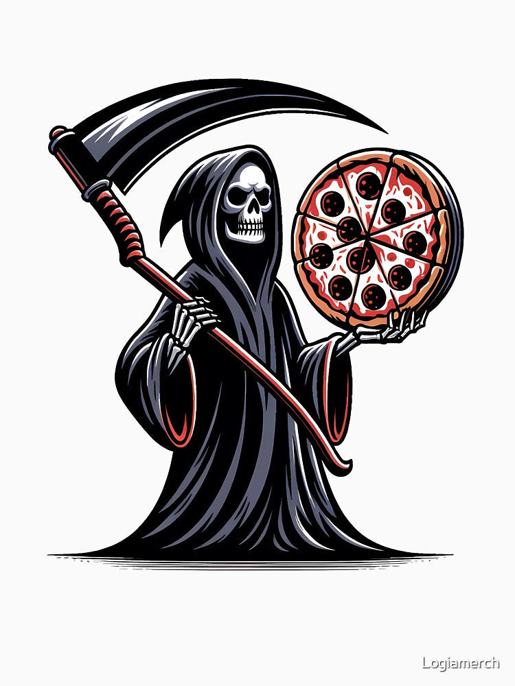 Funny Skull Reaper Pizza Lover, Halloween by Logiamerch Unisex , , , Long Sleeve Tee