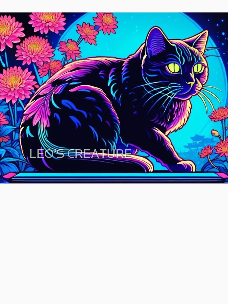 Lunar Cat – Neon Black Cat under a Cyan Full Moon by LEO'S CREATURE　れおずくりーちゃー