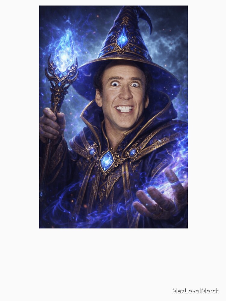 Nicolas Mage Fantasy Wizard Parody Nicolas Cage DnD Funny Wizard Meme by MaxLevelMerch Unisex , , , Long Sleeve Tee