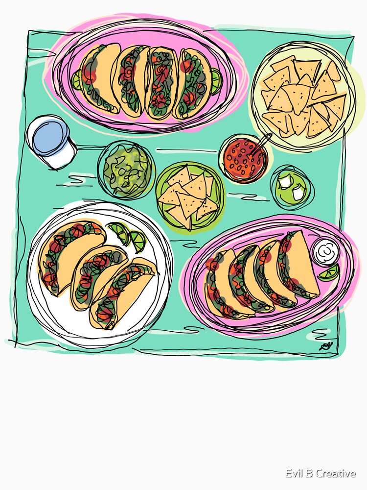 Taco Dinner Table Scene Line Art by Evil B Creative Unisex , , , Long Sleeve Tee