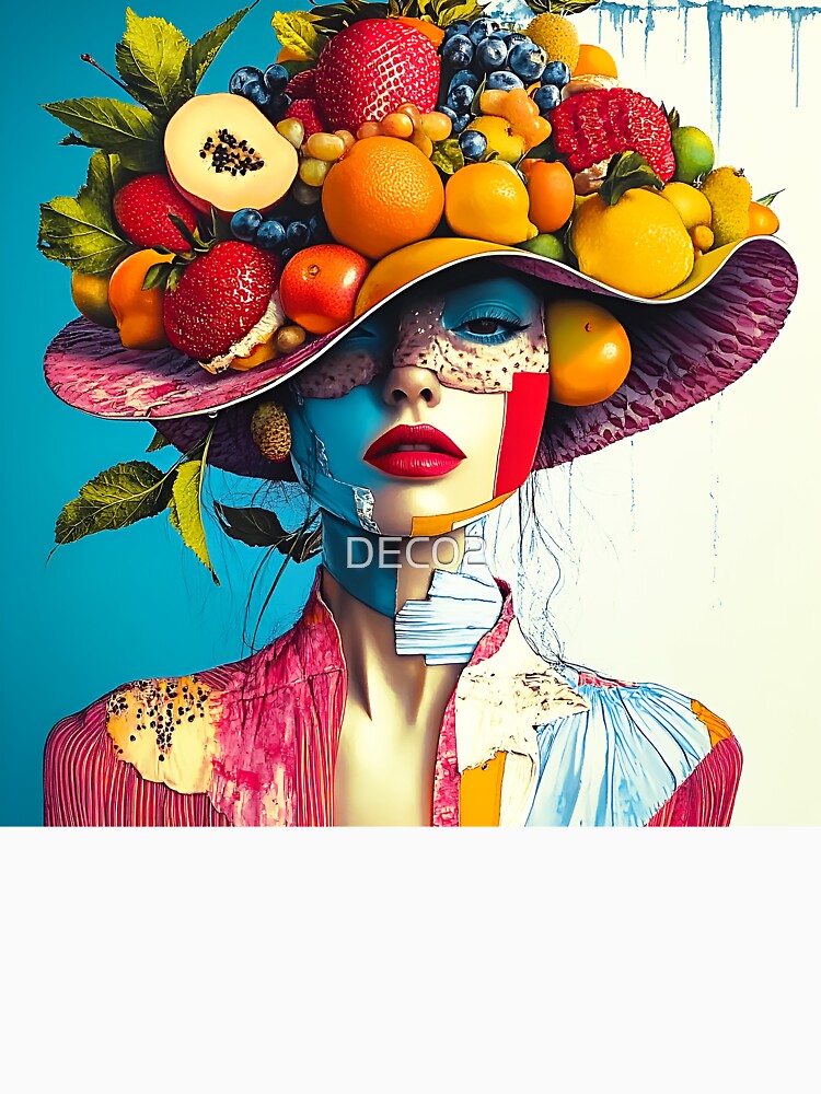 Whimsy Pop Art Female With Colorful Fruit Hat by DEC02 Unisex , , , Long Sleeve Tee