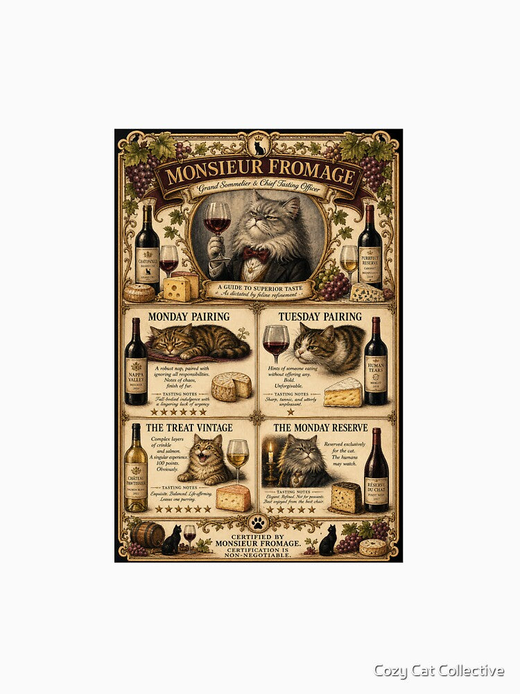 Monsieur Fromage — Cat Wine Sommelier Guide, Vintage Feline Tasting Chart by Cozy Cat Collective