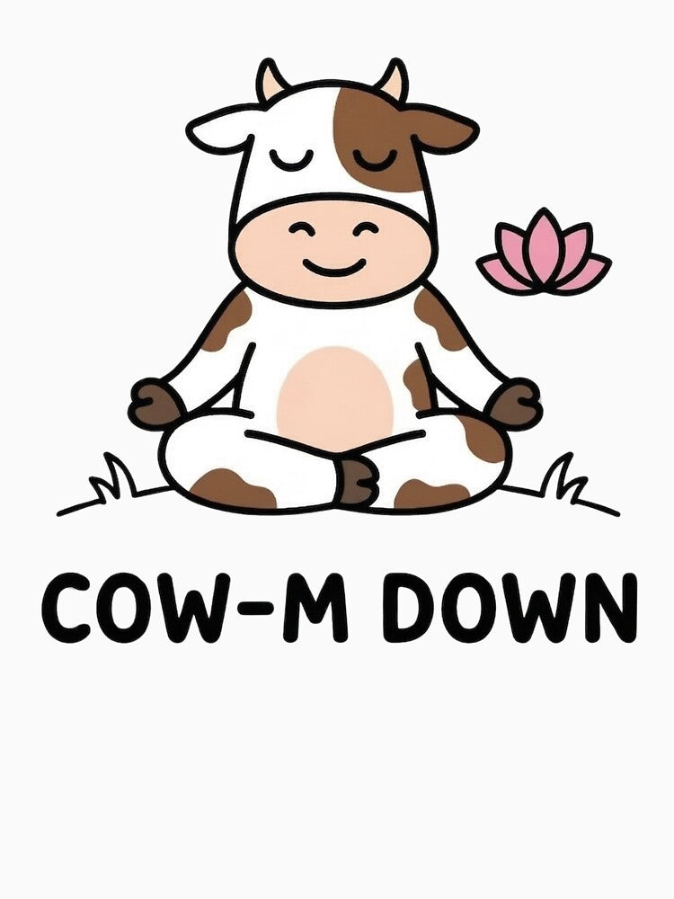 Cow-M Down – Funny Yoga Cow Pun | Cute Meditation Cow Cartoon by aiqdelicia