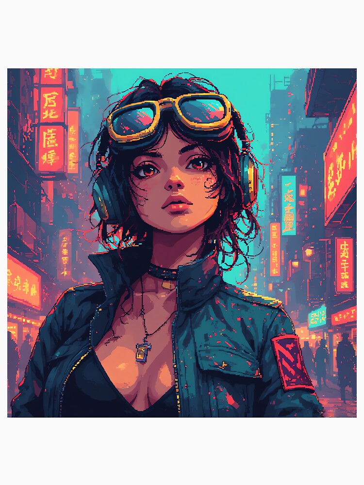 Retro Pixel Art Beautiful Girl In Cyberpunk by pexoboy Unisex , , , Long Sleeve Tee