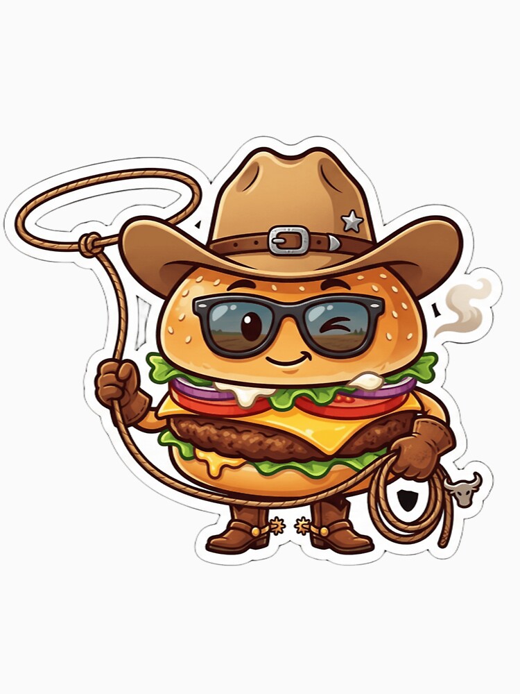 Funny Cowboy Cheeseburger Sticker - Wild West Fast Food Art by zakman02 Unisex , , , Long Sleeve Tee