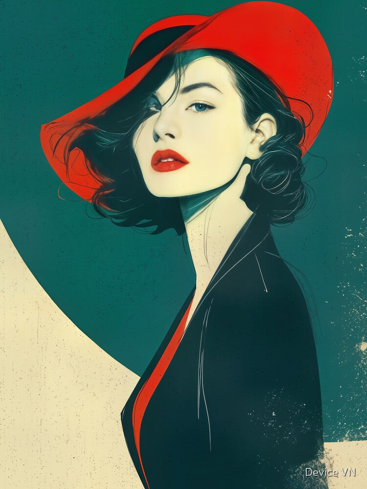 Minimalist Vintage Portrait - Modern Line Art Red Hat Boho Wall Decor by Device VN