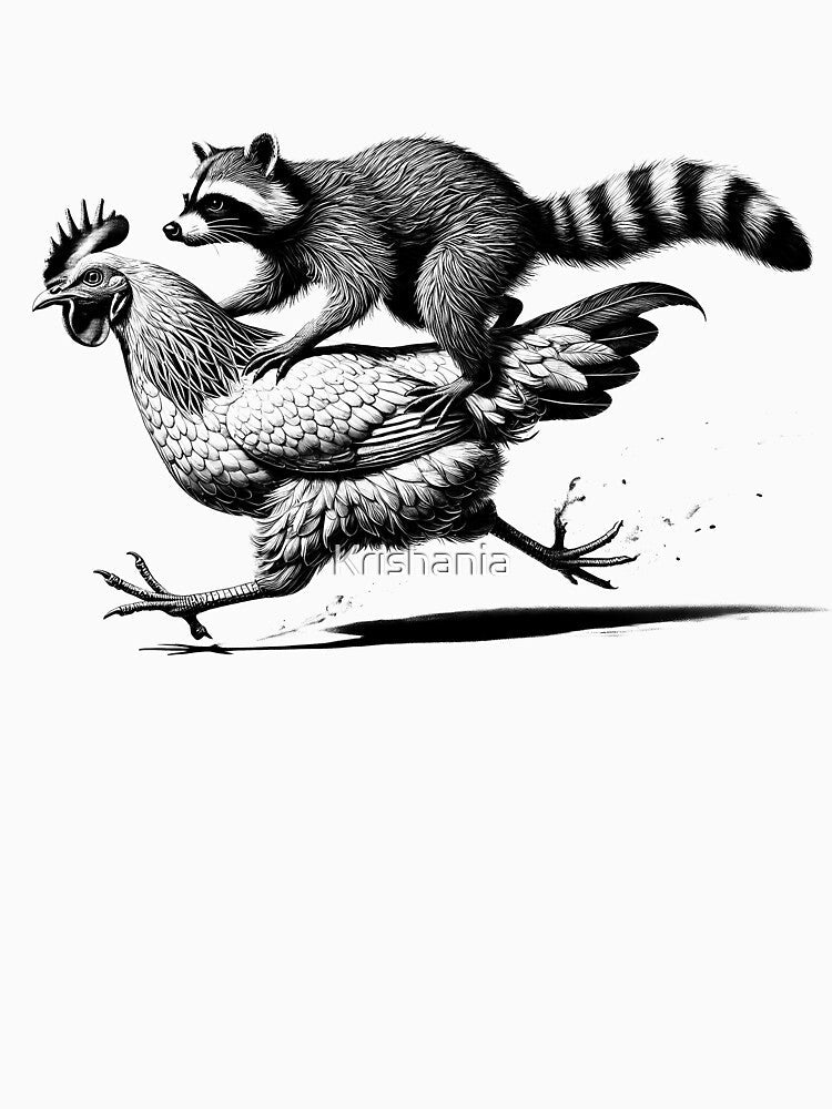 Funny Raccoon Riding Chicken Running Vintage by Kimberley King Art King Art Unisex , , , Long Sleeve Tee