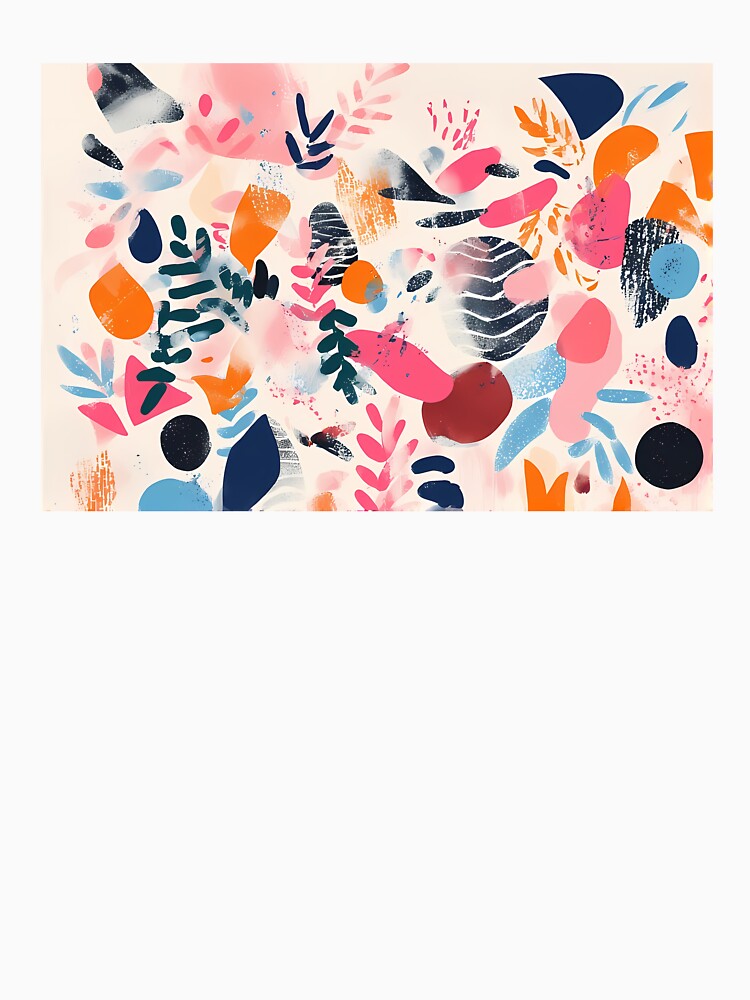 Abstract design featuring bold shapes and vibrant colors, with overlapping patterns of leaves, circles, and splashes in pink, blue, and orange. by Innercosmic
