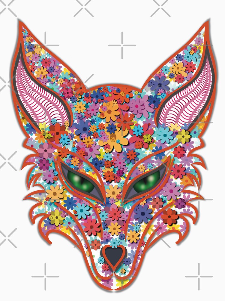 Floral Fox Art – Vibrant Flower Fox Head with Green Eyes by Elizarfa