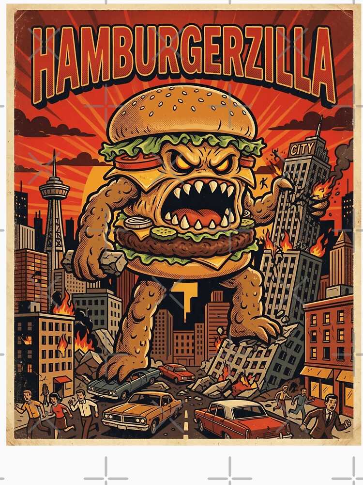 Hamburgerzilla Retro Monster Art Funny Giant Burger Destroying City by d247 Unisex , , , Long Sleeve Tee