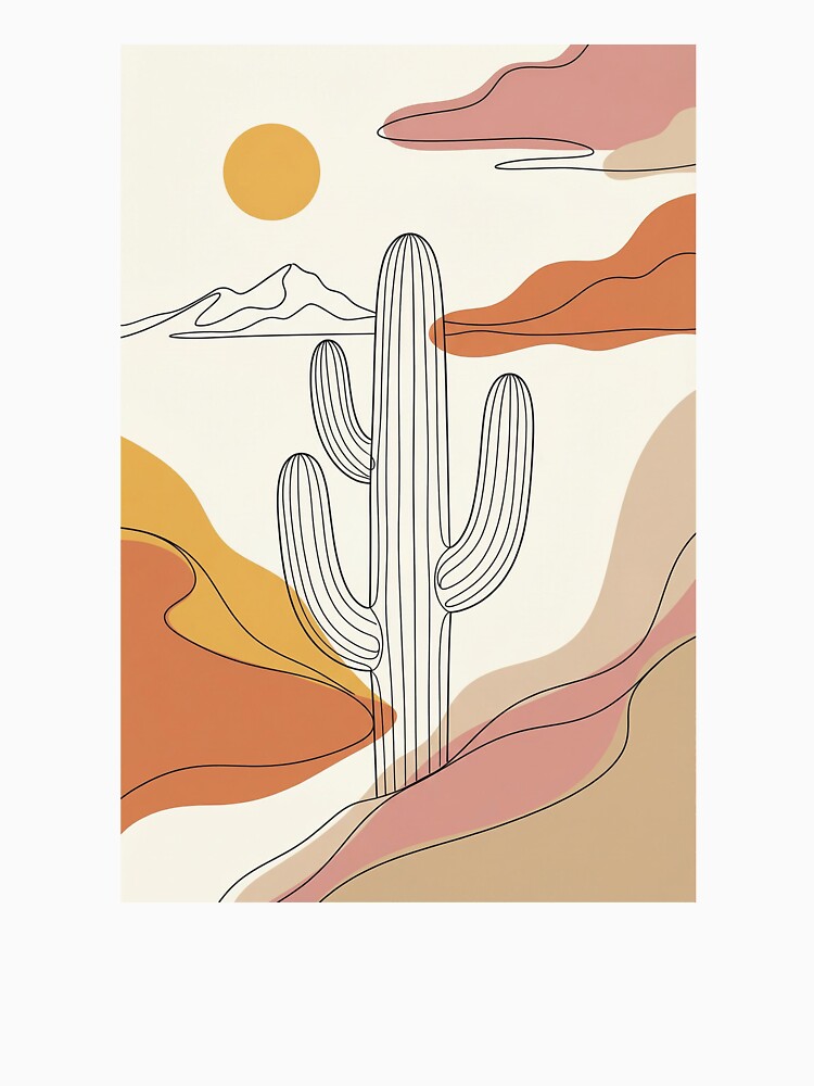 Modern Abstract Line Art Saguaro Cactus Desert Minimalist Boho Landscape Neutral by Maxbevier