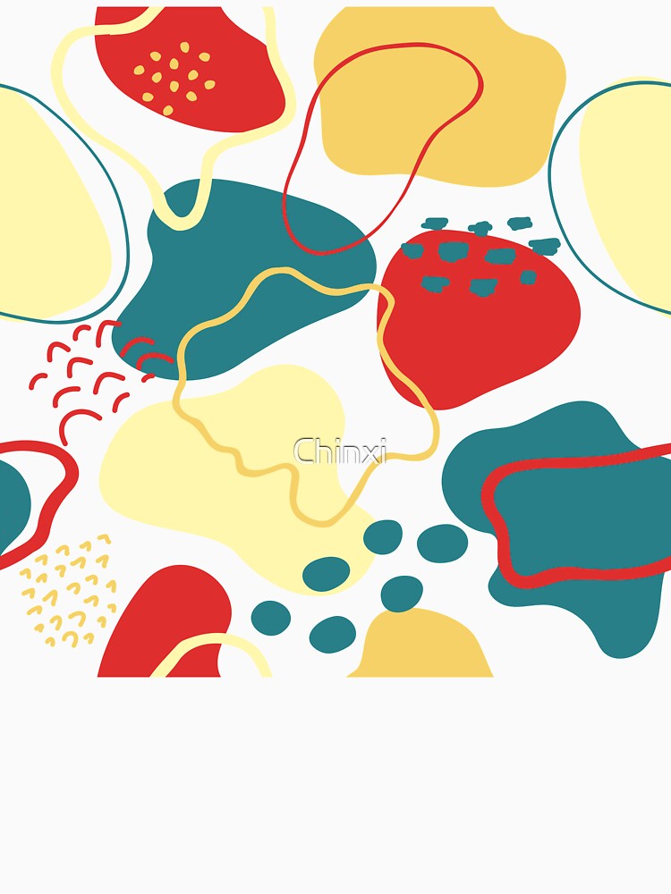 Mid century abstract shapes pattern (red, yellow and blue on white background) by Chinxi