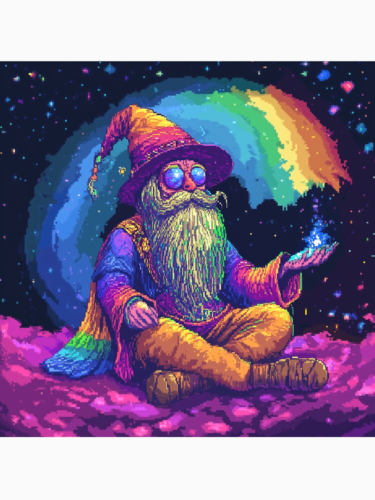 Trippy Wizard Rainbow Pixel Art by Kaos-Bit Unisex , , , Long Sleeve Tee