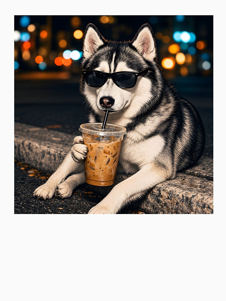Funny Husky Drinking Iced Coffee by Necesario88 Unisex , , , Long Sleeve Tee