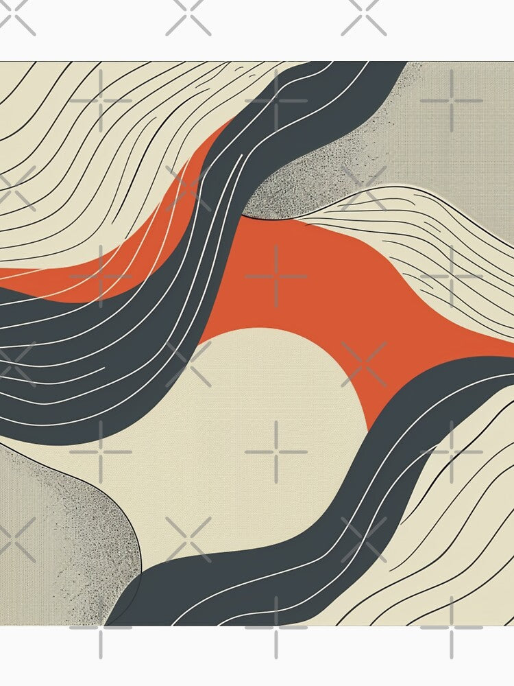Mid Century Style Line Art Modern 70s with Ocher and Grey Waves Pattern by GrinGalore