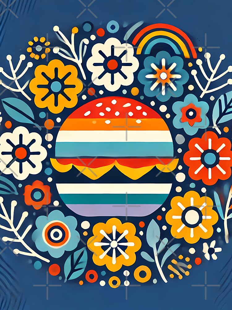 Scandinavian Folk Art Vibrant Burger and Folk Flowers by heidiannemorris © by FOLK ART FUSION by heidiannemorris