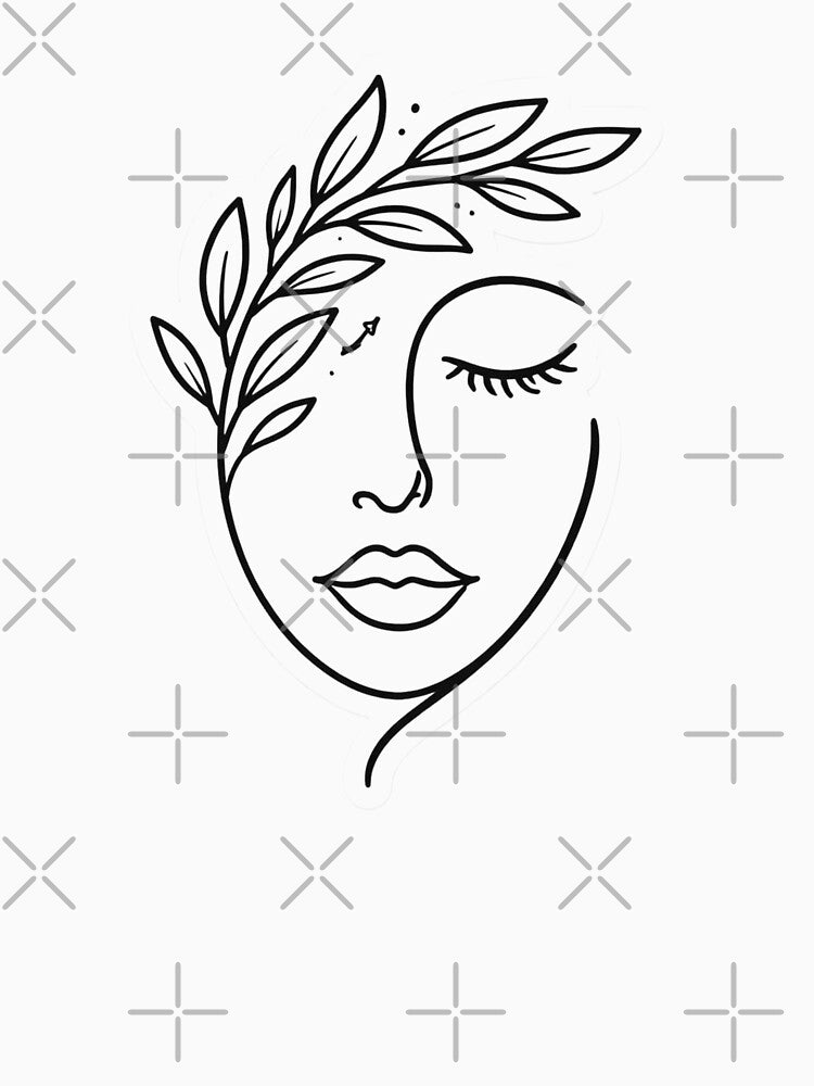 Minimalist Line Art Woman Face with Leaves | Elegant Aesthetic Botanical Portrait by Dasts Cart
