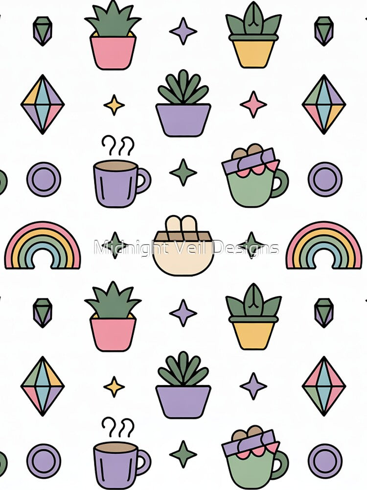Cute Succulents Crystals Coffee Rainbow Seamless Pattern - Pastel Cozy Repeat by Midnight Veil Designs