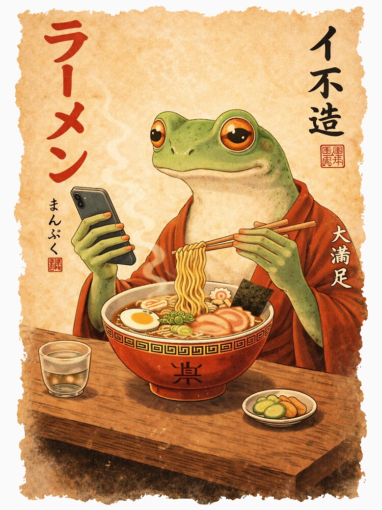 Funny Grumpy Frog Eat Ramen and Scroll Phone Japanese Art by Kladhadredo Unisex , , , Long Sleeve Tee
