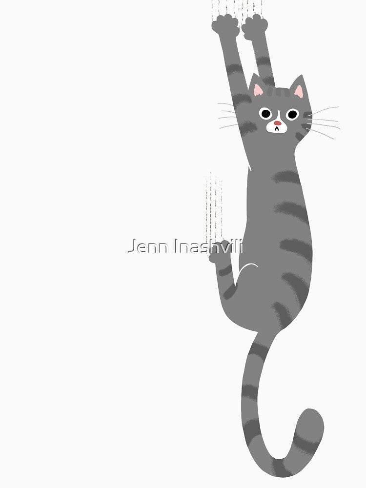 Grey Tabby Cat Hanging On | Funny Gray Striped Cat Holding On with Claws by Jenn Inashvili