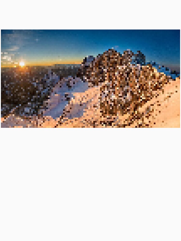 Pixelated Snowy Mountain Sunrise Scene by Potato Quality Prints Unisex , , , Long Sleeve Tee