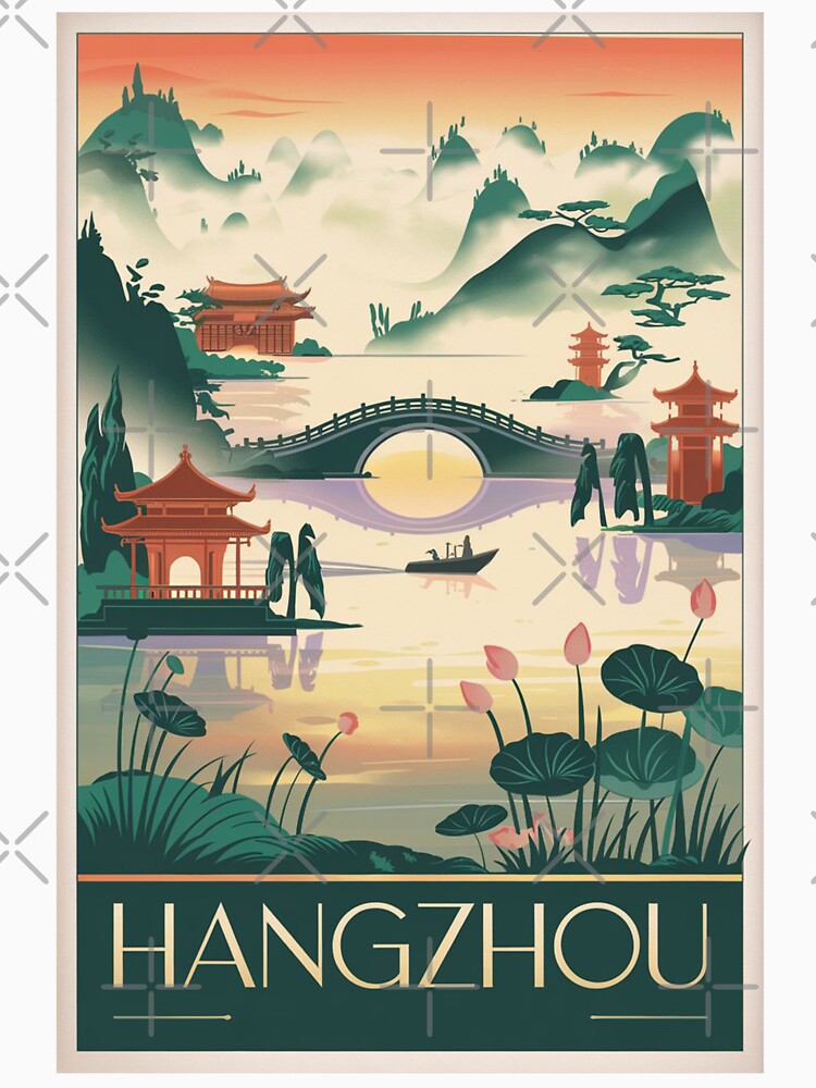 Hangzhou Vintage Travel Poster by TravelerRat Unisex , , , Long Sleeve Tee