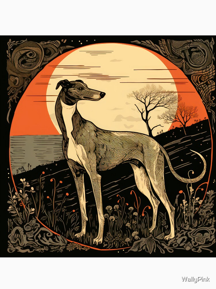 standing whippet dog in romantic vintage woodcut style by WallyPink Unisex , , , Long Sleeve Tee