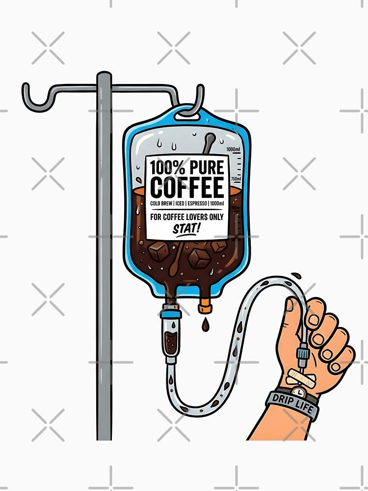 100% Pure Coffee - Funny IV Coffee Bag Medical Parody Design by WowDezign Unisex , , , Long Sleeve Tee