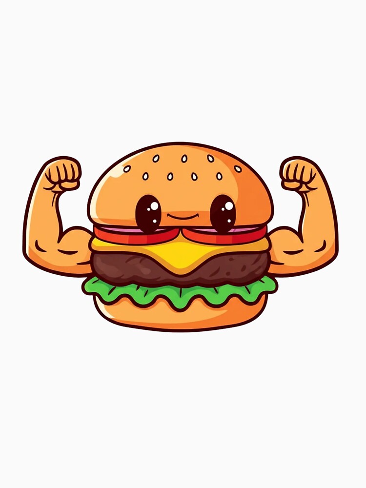 Burger Bicep Flex Funny Chibi Food Workout Design by ColorSplash123 Unisex , , , Long Sleeve Tee
