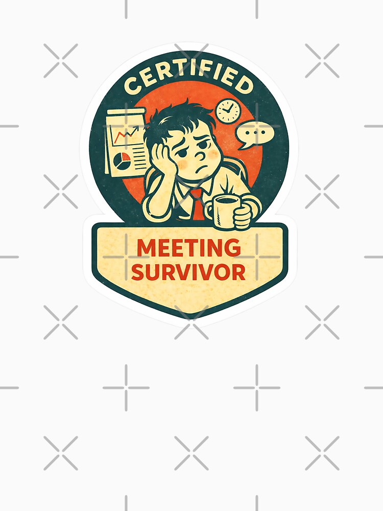 A retro-style “Certified Meeting Survivor” sticker featuring a tired office worker clutching a cup of coffee while enduring another endless meeting. by PIXEL POP DESIGNS - Beyond the Norm!