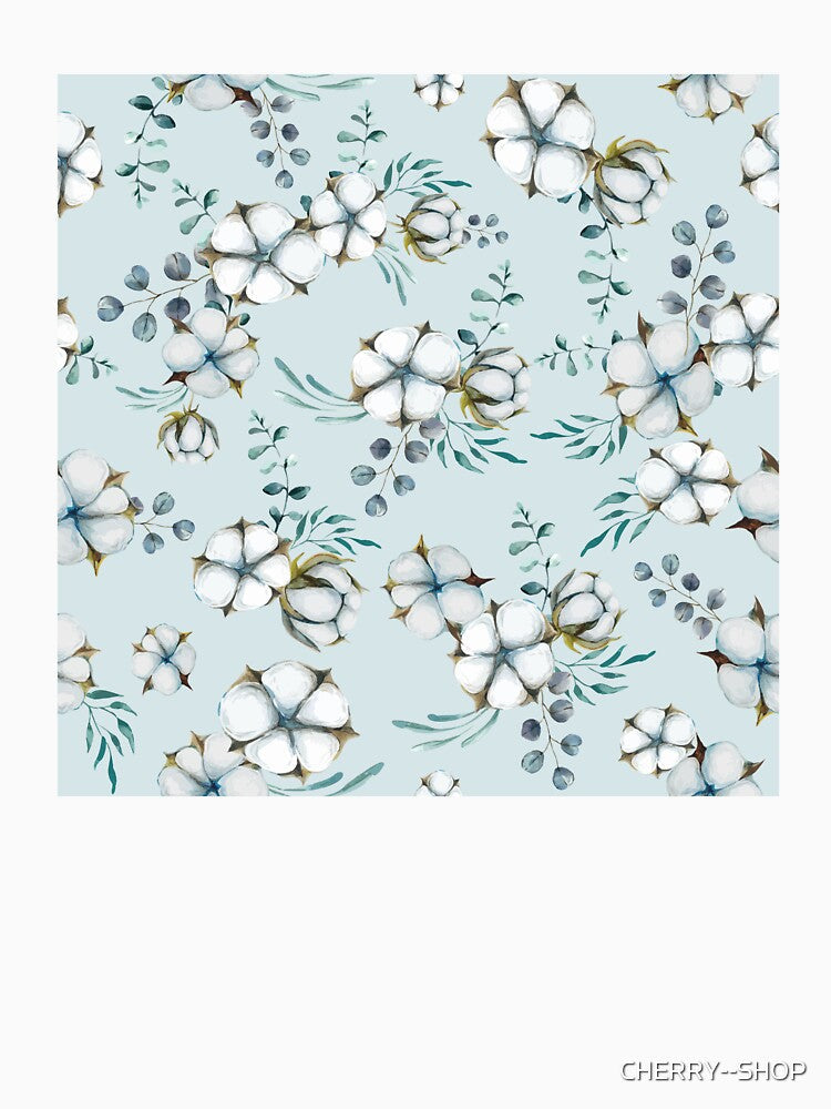 Cotton Flowers and Eucalyptus, watercolor dusty blue botanical pattern by CHERRY,SHOP Unisex , , , Long Sleeve Tee