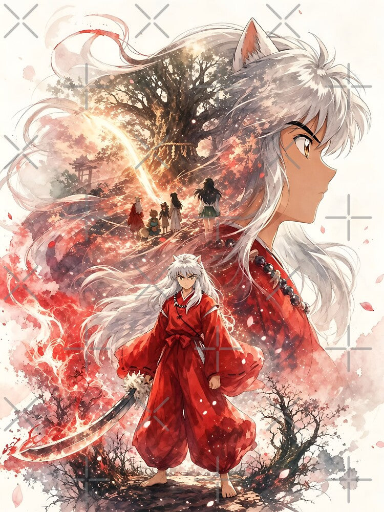 Inuyasha Sacred Flame Guardian – Tessaiga Yokai Warrior Fantasy Anime Watercolor Art by Dyan4