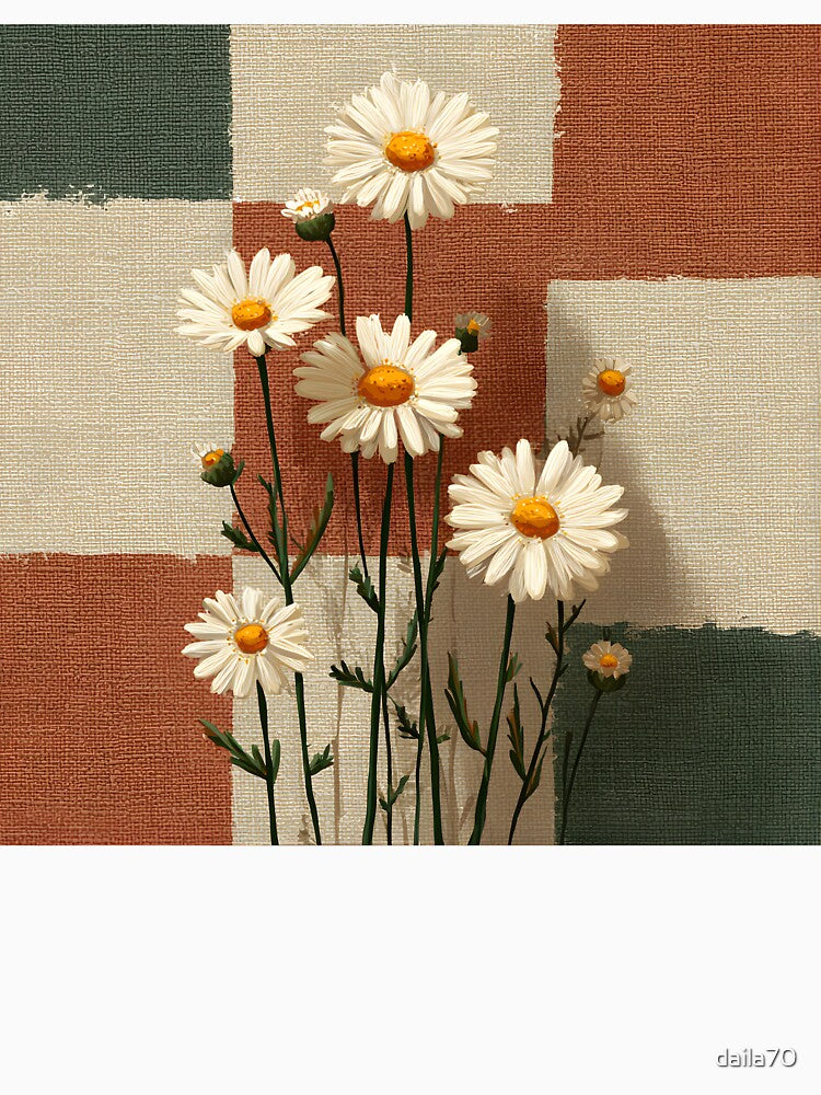 White Daisy on Earth Tone Patchwork Background Neutral Floral Design by daila70