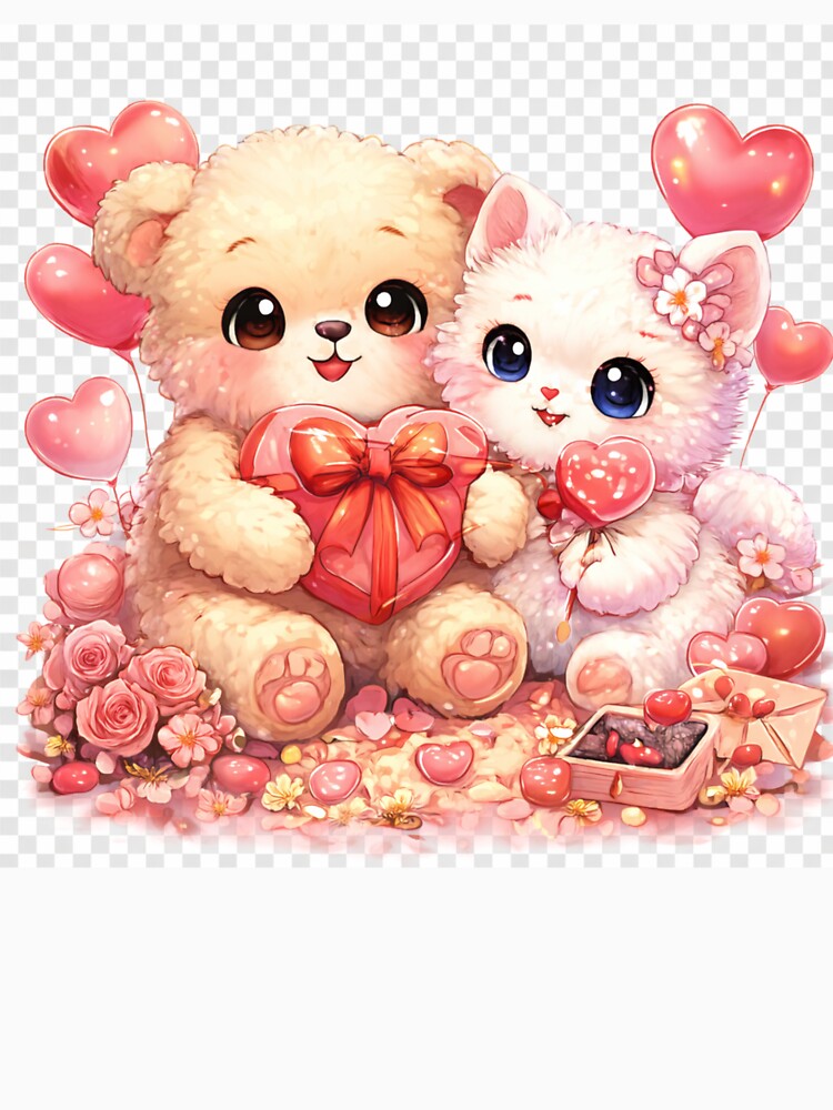 Kawaii Valentine Love – Cute Bear & Kitten by kimkosovo Unisex , , , Long Sleeve Tee