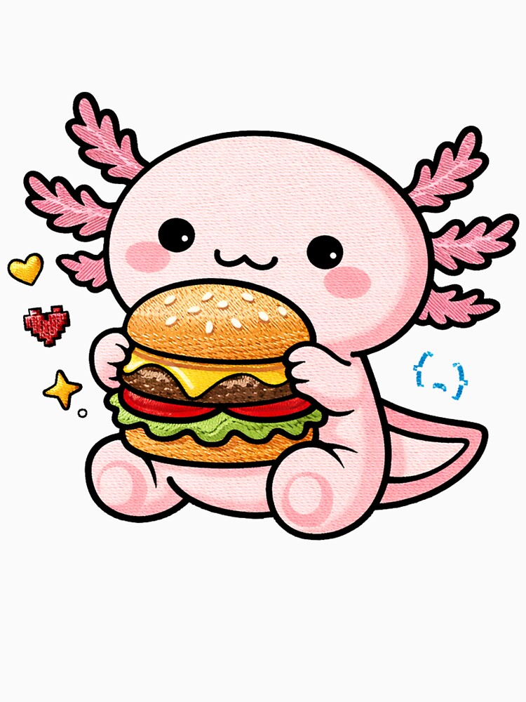 Burger Lover Axolotl – Cute Kawaii Axolotl Eating Burger Embroidery Style by ColorSplash123