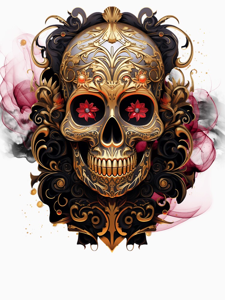 Golden Psychedelic skull with flowers as eyes and smokin background by Vindbult
