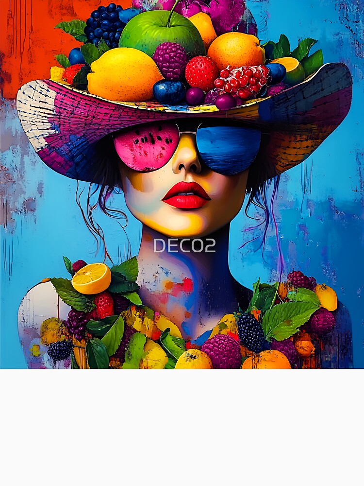 Whimsy Pop Art Female With Fantastical Fruit Hat by DEC02 Unisex , , , Long Sleeve Tee