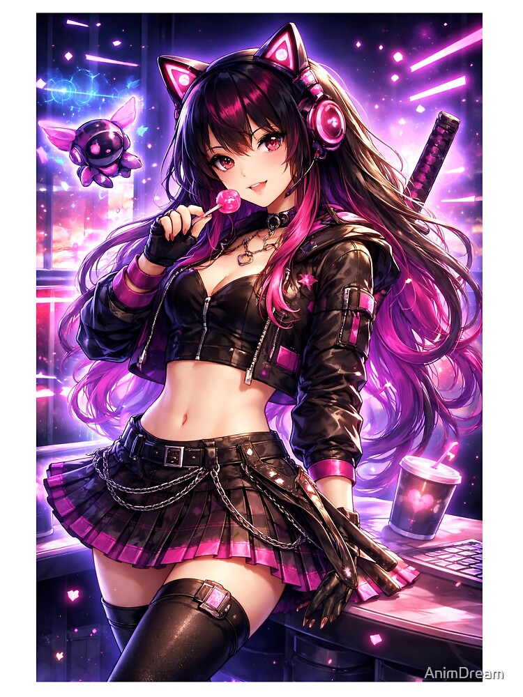 Neon Cyberpunk Catgirl Anime Girl Lollipop Aesthetic by AnimDream