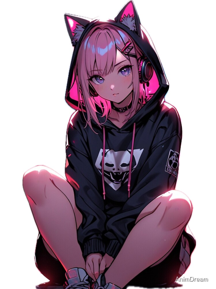 Dark Neon Anime Catgirl by AnimDream Unisex , , , Long Sleeve Tee