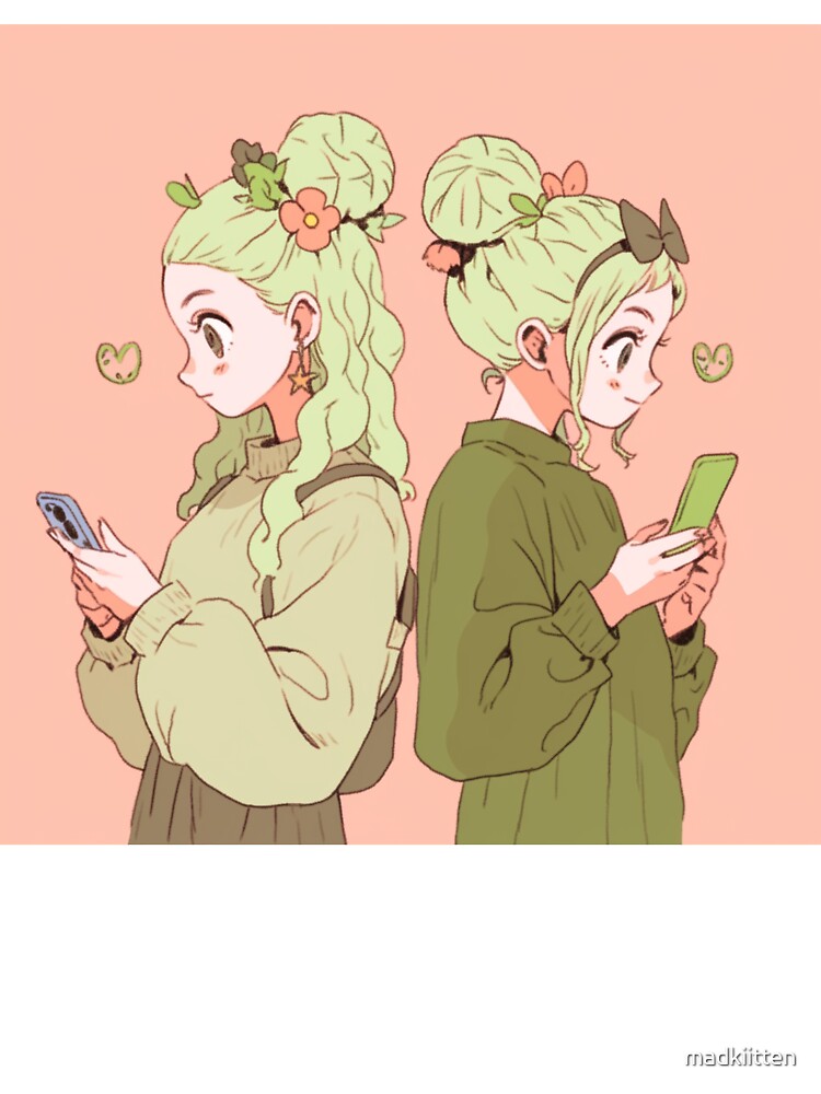 Kawaii Anime Twins with Smartphones – Cute Pastel Anime Design by madkiitten
