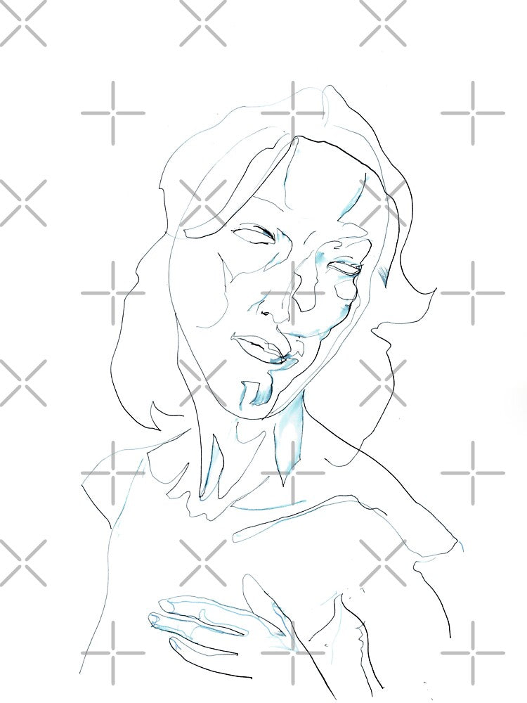 Hand to Chest — Expressive Woman Portrait in Blue and Black Line Art by essentialink