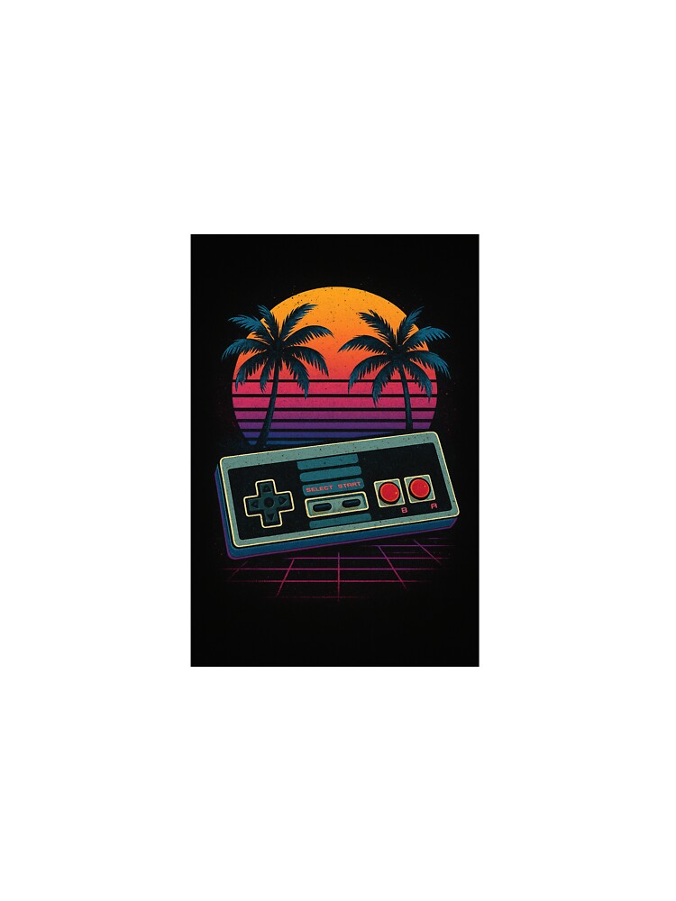 “retro gaming controller with 80s sunset background, neon colors, palm trees, vaporwave style, vintage design, distressed texture, t-shirt graphic, high resolution” by piyushpr7
