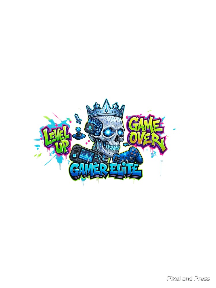 Gamer Elite Skull Graffiti Art - Level Up Game Over by Pixel and Press