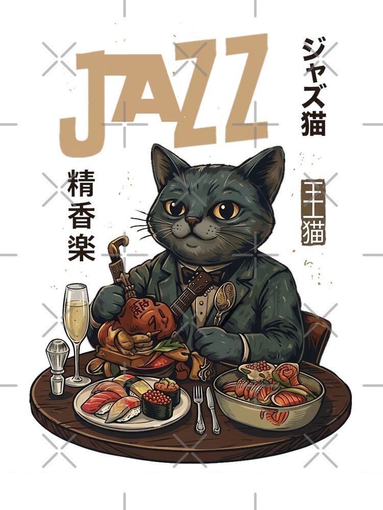 Jazz Cat with Sushi and Wine Illustration by Ahmedsyde Unisex , , , Long Sleeve Tee
